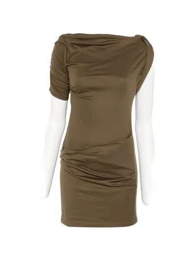 Jacquemus Asymmetric Green Mini Dress With Gathered Details In Brown
