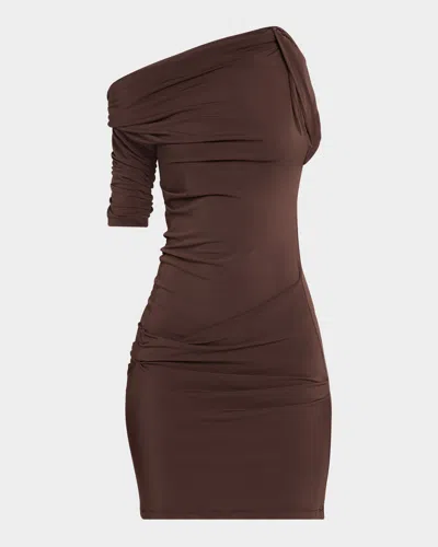Jacquemus Draped Off-the-shoulder Mini Dress In Dark Brown