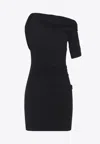 Jacquemus Asymmetrical One-shoulder Bodycon Mini Dress With Ruched Sleeve In Black