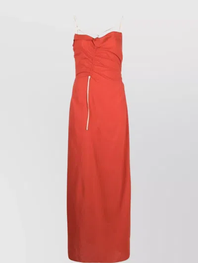 Jacquemus Draped Square Neck Dress With Thigh-high Slits In Brick