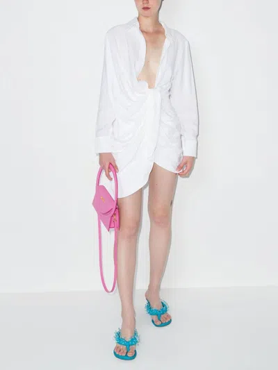 Jacquemus La Robe Bahia White Short Draped Shirt Dress In Viscose Woman  In 100
