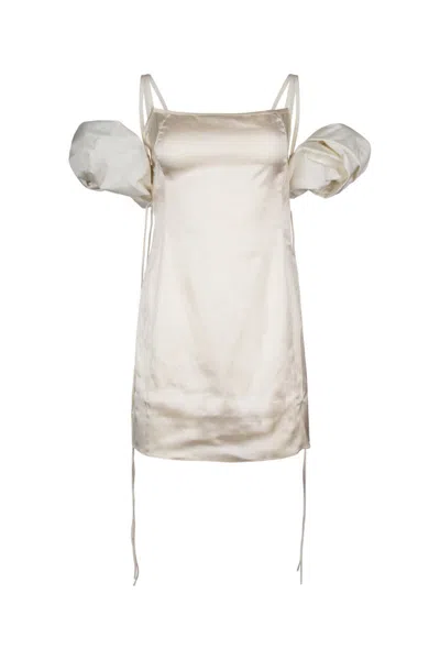 Jacquemus Satin Puff Sleeve Dress In Beige