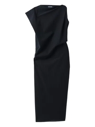 Jacquemus Drap Cotton-blend Poplin Midi Dress In Black