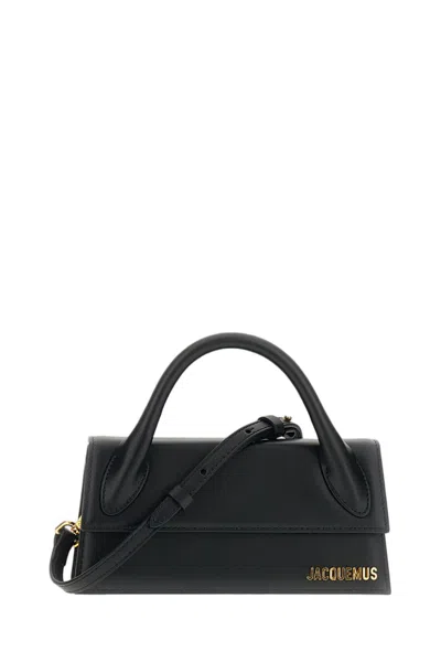 Jacquemus Elongated Leather Top-handle Bag With Gold Accents In Black