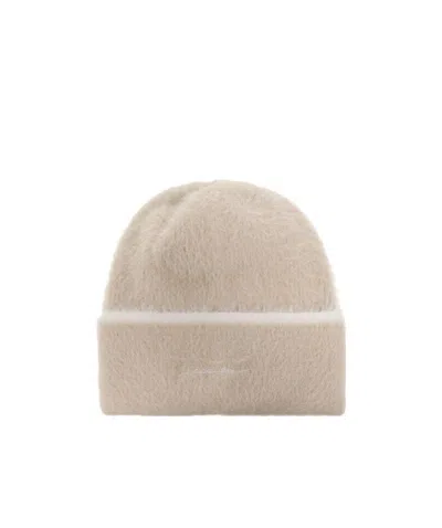 Jacquemus Embroidered-logo Fuzzy-knit Beanie In Nude