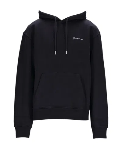 Jacquemus Embroidered-logo Organic-cotton Hoodie In Black