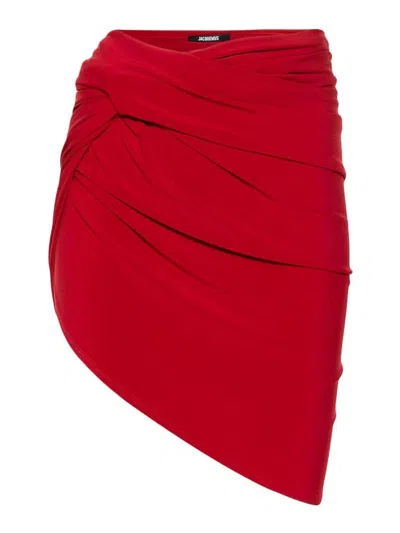 Jacquemus Draped Asymmetric Mini Skirt In Red