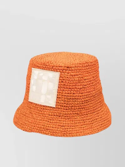 Jacquemus Textured Orange Woven Bucket Hat With Logo Patch