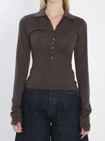 Jacquemus Merino Wool Blend Fitted Knit Shirt In Brown
