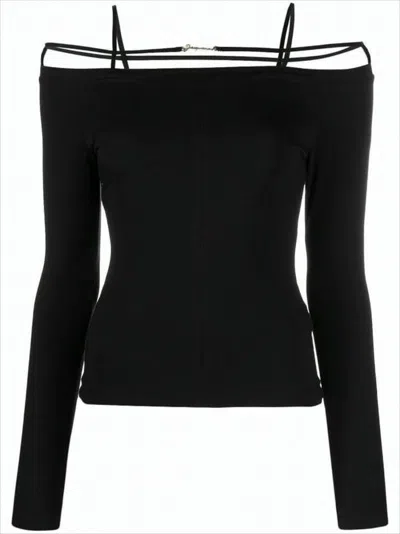 JACQUEMUS FITTED OFF-THE-SHOULDER LONG SLEEVE TOP WITH STRAP DETAILS