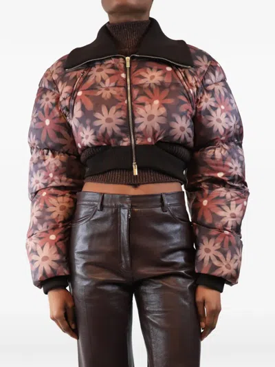 Pre-owned Jacquemus Floral-print Cropped Puffer Jacket In Brown