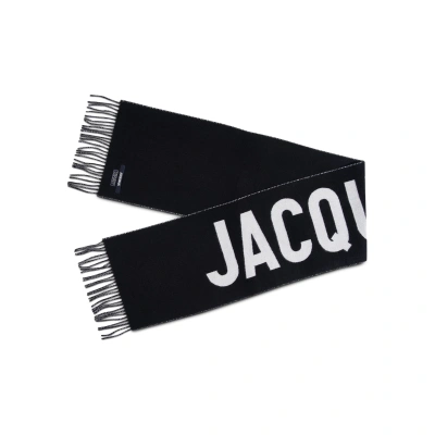 Jacquemus Fringe Logo Scarf In Black