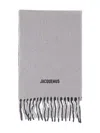 Jacquemus Lecharpe Moisson Grey Scarf With Logo Lettering On The Front And Fringed Hem In Wool Blend Woman In Gray