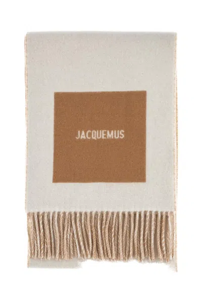 Jacquemus Fringed Wool Scarf With Logo Detailing In Neutral