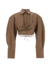 Jacquemus Plidao Cropped Embellished Cotton-blend Poplin Shirt In Brown