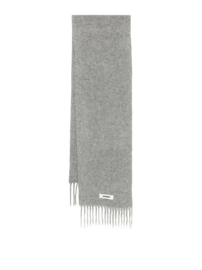 Jacquemus Gray Scarf With Fringe And Logo