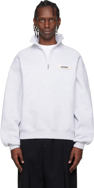 Jacquemus Light Grey Zip-neck Sweatshirt With Gros Grain Logo In Multi