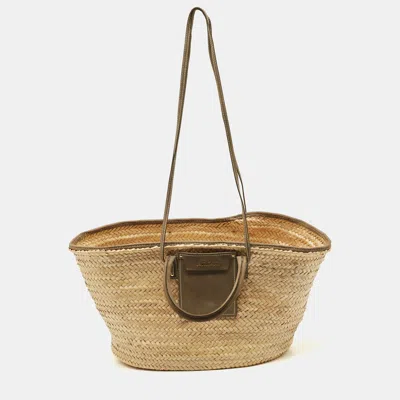 Jacquemus Green/cream Woven Raffia And Nubuck Leather Le Panier Soleil Tote In Brown