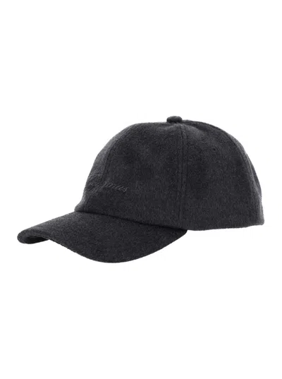 JACQUEMUS GREY BASEBALL CAP WITH LOGO LETTERING EMBROIDERY ON THE FRONT IN WOOL MAN