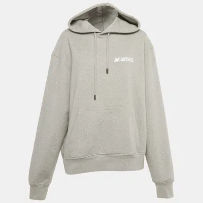 Pre-owned Jacquemus Grey Logo Print Cotton Hoodie M In Gray