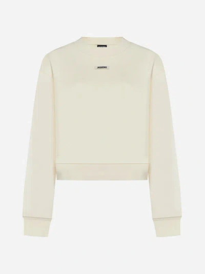 Jacquemus Le Grosgrain Logo Cotton Fleece Crop Sweatshirt In Light Beige