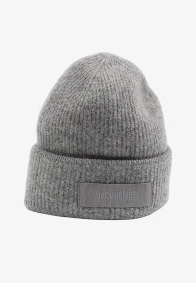Jacquemus Gros Grain Logo Beanie In Gray
