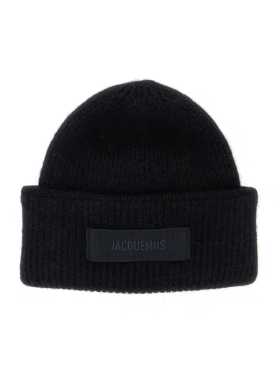 Jacquemus Gros Grain Logo Mini Ribbed Knit Hat In Red