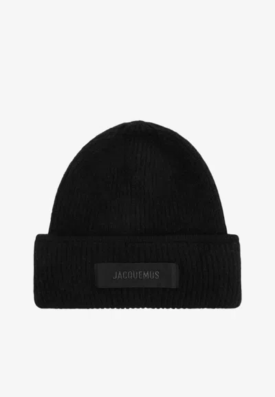 Jacquemus Black Gros Grain Beanie In Alpaca Blend In Brown