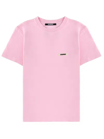 Jacquemus Pink Crew Neck T-shirt With Logo Patch On The Front In Cotton Woman