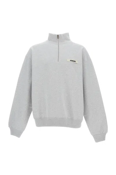 Jacquemus Grosgrain-embellished Zip-up Sweater In Soft Cotton Fleece In Gray