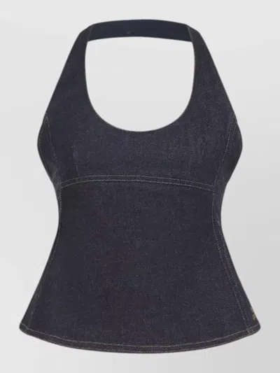Jacquemus Halterneck Denim Top Contrast Stitching Detail In Blue