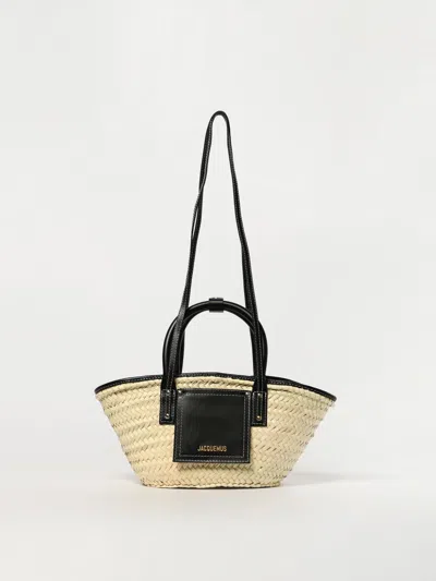 Jacquemus Woven Wicker Beach Bag With Contrast Stitching In Black