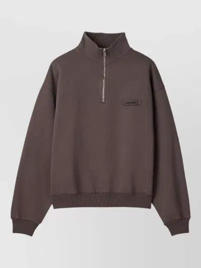 Jacquemus High Neck Long Sleeve Silk Blend Top In Brown