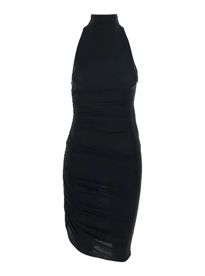 Jacquemus High-neck Ruched Viscose Dress In Black