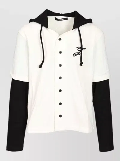 Jacquemus Hooded T Shirt Contrast Sleeves Embroidery In White