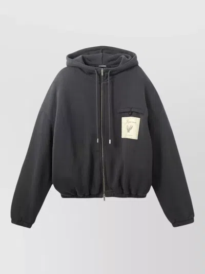 Jacquemus Hooded Zip Jacket Chest Pocket Hem In Black