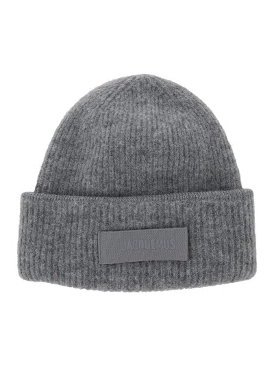 Jacquemus Jacquard Knit Beanie Hat With Logo Patch Brim Fold In Gray
