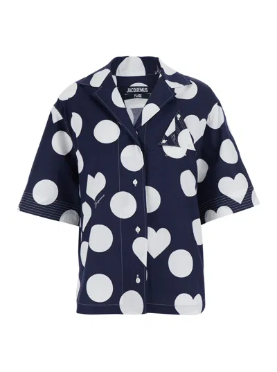 Jacquemus Jacquard Polka Dot Bowling Shirt With Cuban Collar And Sailboat Badge In Blue