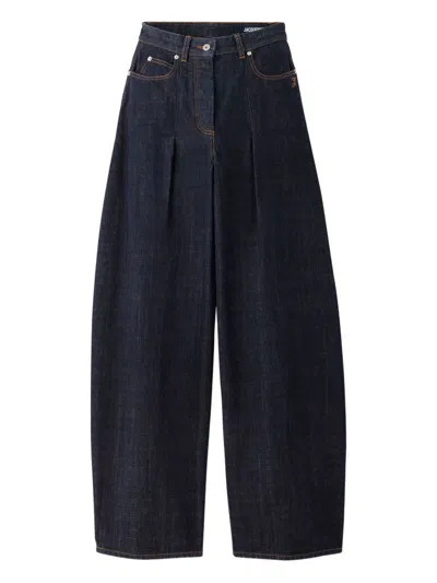 Jacquemus Le De Nimes Ovalo Blue Wide Jeans With Side Logo In Denim Woman