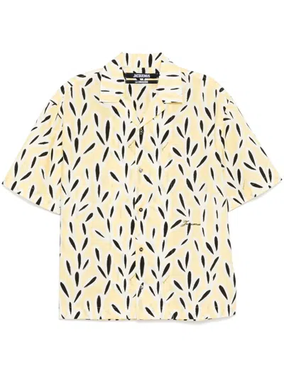 Jacquemus Yellow Cotton Jean Shirt With Playful Leaf Pattern In Multi