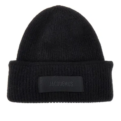 Jacquemus Knitted Beanie Hat With Gros-grain Logo In Black