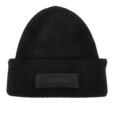 Jacquemus Knitted Beanie Hat With Gros-grain Logo In Black