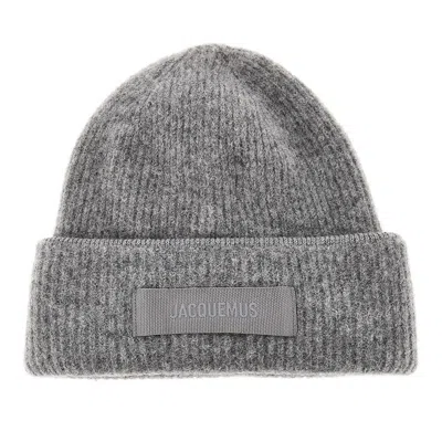 Jacquemus Knitted Beanie Hat With Gros-grain Logo In Gray