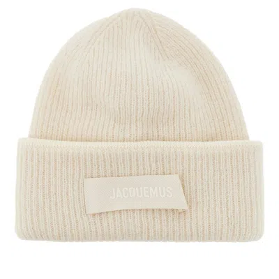 Jacquemus Knitted Beanie Hat With Gros-grain Logo In White