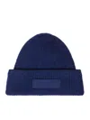 Jacquemus Knitted Beanie With Folded Cuff And Rectangular Patch In Blue