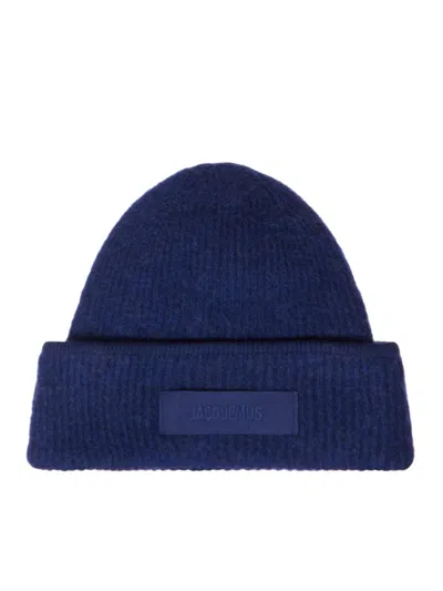 Jacquemus Knitted Beanie With Folded Cuff And Rectangular Patch In Blue