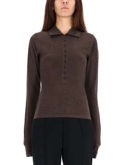 Jacquemus Long-sleeved Merino Wool Polo Shirt Knitwear Brown