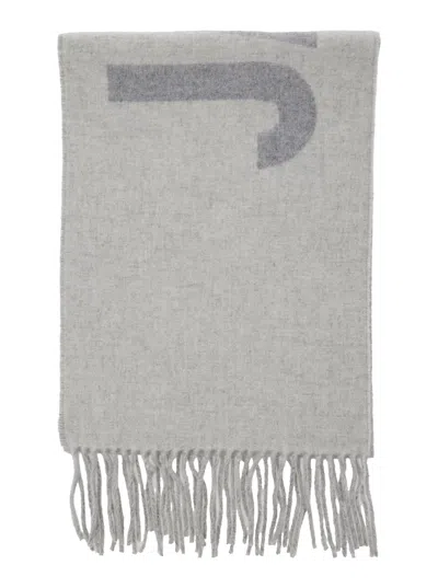 JACQUEMUS LECHARPE JACQUEMUS GREY SCARF WITH MAXI LOGO LETTERING AND FRINGED HEM IN WOOL MAN
