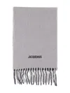 Jacquemus Lecharpe Moisson Grey Scarf With Logo Lettering On The Front And Fringed Hem In Wool Blend Woman In Gray