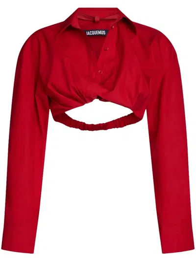 Jacquemus Cropped Cotton Poplin Shirt With Twist Detailing In Red